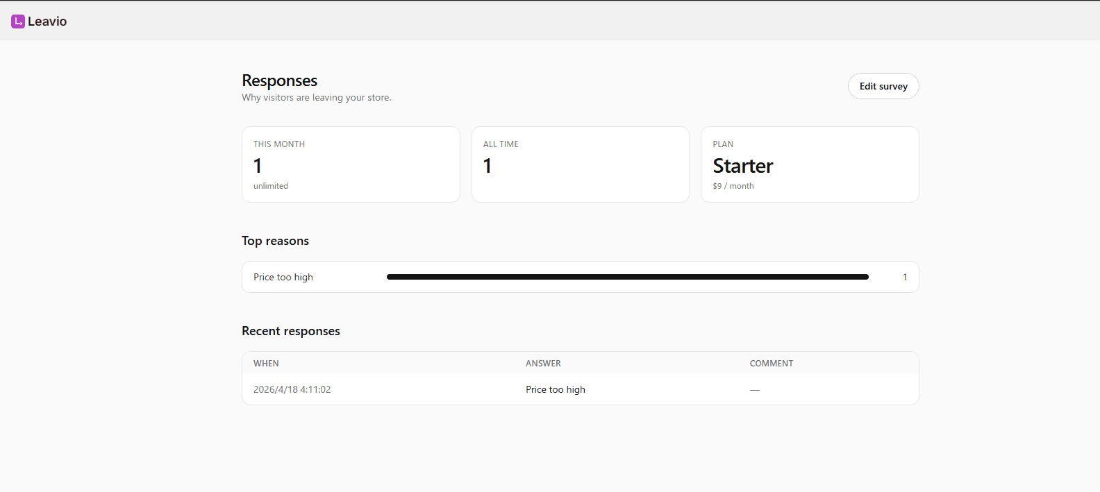Leavio dashboard showing responses